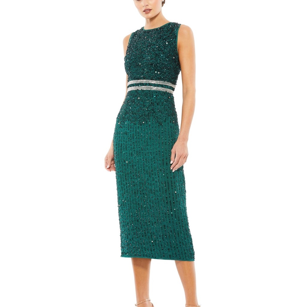 NEW Mac Duggal Emerald Midi Sequin Sheath Dress Sz 16 10509 Sleeveless Formal